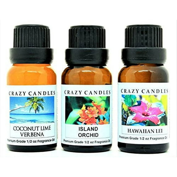 Crazy Candles 3 Bottles Set, 1 Coconut Lime Verbena, 1 Island Orchid, 1 Hawaiian Lei 1/2 Fl Oz Each (15ml) Premium Grade Scented Fragrance Oils