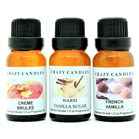 Crazy Candles 3 Bottles Set, 1 Creme Brulee, 1 Warm Vanilla Sugar, 1 French Vanilla 1/2 Fl Oz Each (15ml) Premium Grade Scented Fragrance Oils