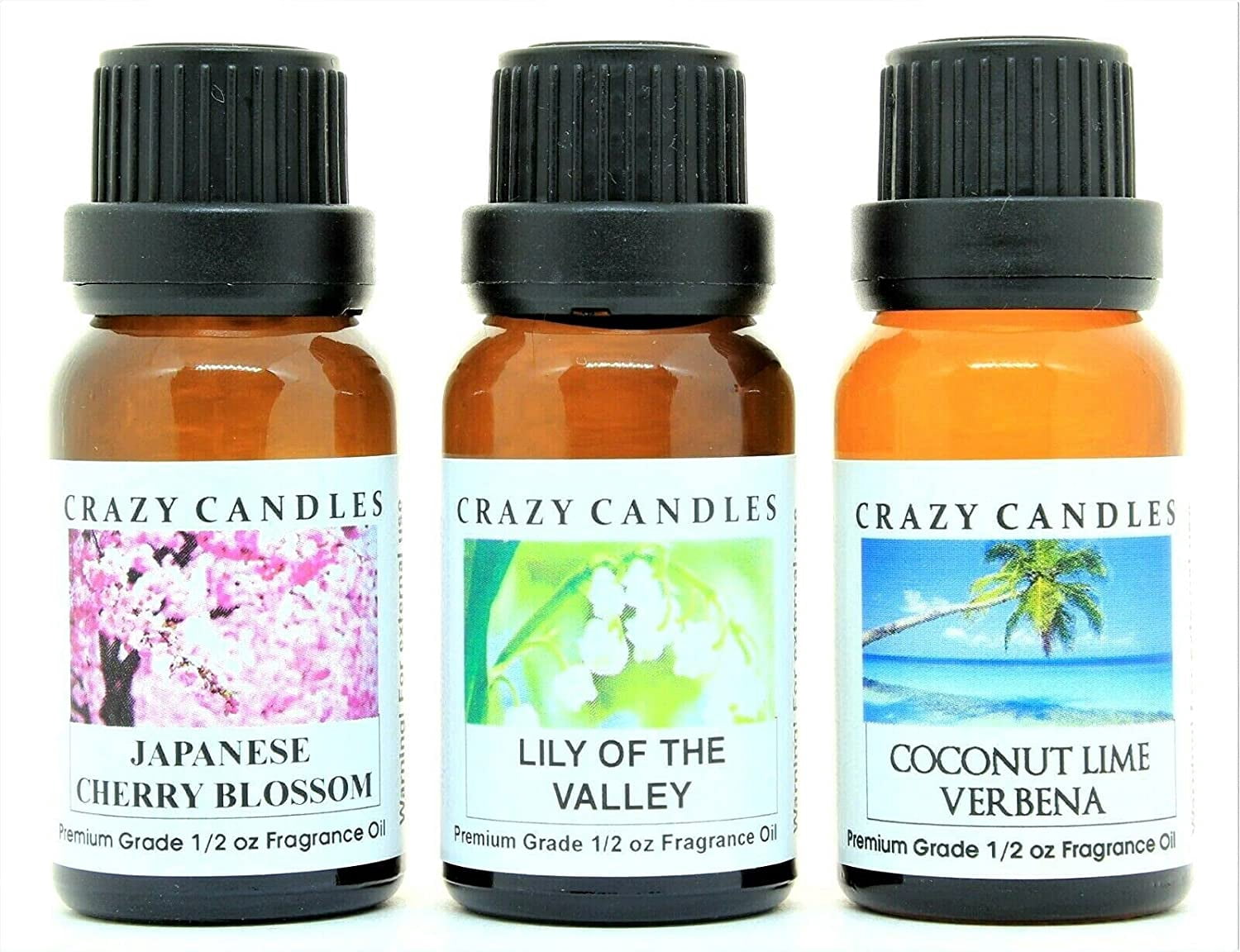 Crazy Candles 3 Bottles Set, 1 Japanese Cherry Blossom, 1 Coconut Lime Verbena, 1 Lily of The Valley 1/2 fl oz Each (15ml) Premium Grade Scented Fragrance Oils