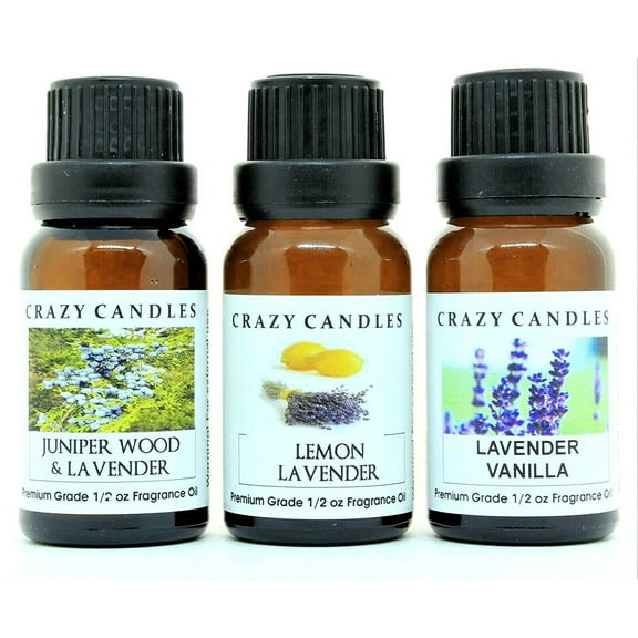 Crazy Candles 3 Bottles Set, 1 Juniper Wood & Lavender, 1 Lemon Lavender, 1 Lavender Vanilla 1/2 Fl Oz Each (15ml) Premium Grade Scented Fragrance Oils