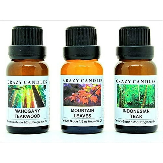 Crazy Candles 3 Bottles Set, 1 Mountain Leaves, 1 Mahogany Teakwood, 1 Indonesian Teak 1/2 Fl Oz Each (15ml) Premium Grade Scented Fragrance Oils