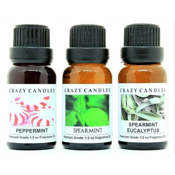 Crazy Candles 3 Bottles Set, 1 Peppermint, 1 Spearmint, 1 Spearmint Eucalyptus 1/2 Fl Oz Each (15ml) Premium Grade Scented Fragrance Oils Made in USA