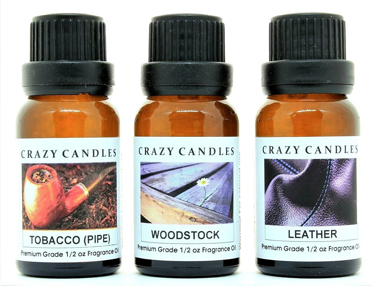 Crazy Candles 3 Bottles Set, Leather, Tobacco (Pipe), Woodstock 1/2 Fl Oz  Each (15ml) Premium Grade Scented Fragrance Oils
