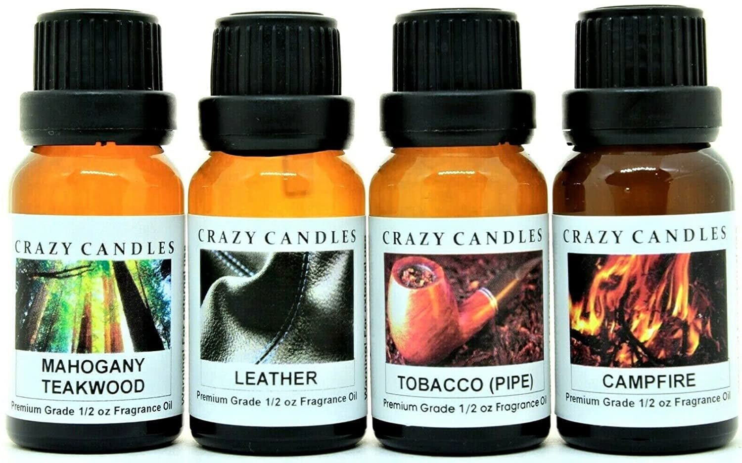 Crazy Candles 4 Bottles Set, Mahogany Teakwood, Tobacco (Pipe), Campfire, Leather 1/2 Fl Oz Each (15ml) Premium Grade Scented Fragrance Oils