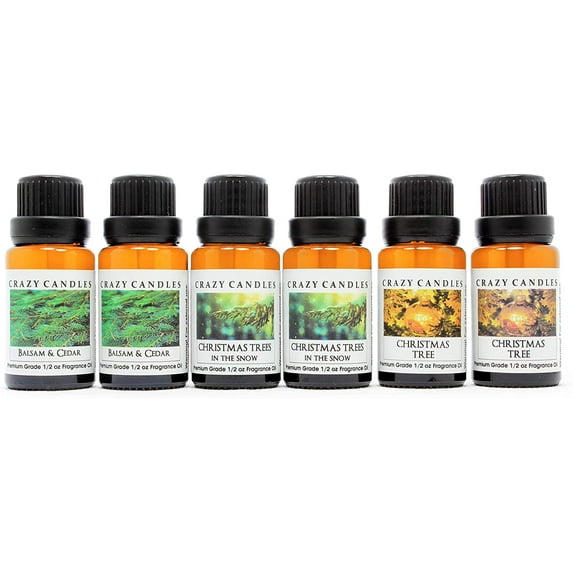 Crazy Candles 6 Bottle Set (Made in USA) 2 Balsam & Cedar, 2 Christmas Tree, 2 Christmas Trees in The Snow 1/2 Fl Oz Each (15ml) Premium Grade Scented Fragrance Oils