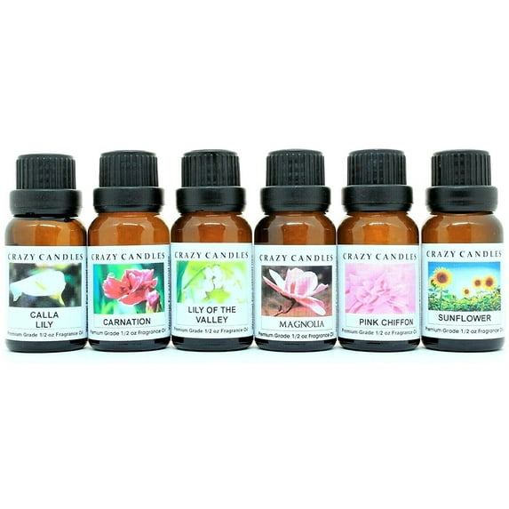 Crazy Candles 6 Bottles Set, 1 Calla Lily, 1 Carnation, 1 Lily of The Valley, 1 Magnolia, 1 Pink Chiffon, 1 Sunflower 1/2 Fl Oz Each (15ml) Premium Fragrance Oils