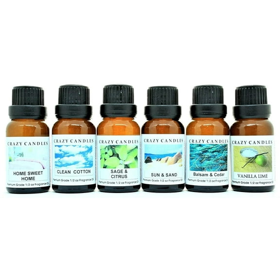 Crazy Candles 6 Bottles Set, Home Sweet Home, Clean Cotton, Sage & Citrus, Sun & Sand, Balsam & Cedar, Vanilla Lime 1/2 Fl Oz Each (15ml) Premium Fragrance Oils