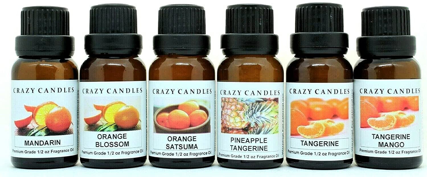 Crazy Candles 6 Bottles Set (Made in USA) Mandarin, Orange Blossom, Orange Satsuma, Pineapple Tangerine, Tangerine, Tangerine Mango 1/2 FL Oz Each (15ml) Premium Grade Scented Fragrance Oil
