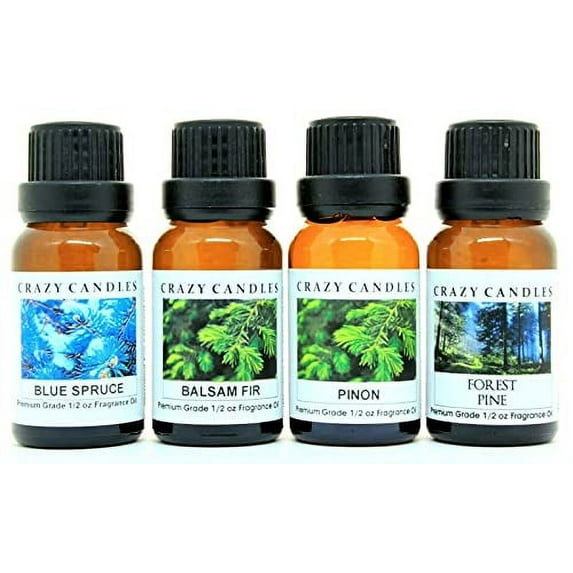 Crazy Candles Crazy Candles 4 Bottles Set, 1 Blue Spruce, 1 Pinon, 1 Forest Pine, 1 Balsam Fir 1/2 Fl Oz Each (15ml) Premium Grade Scented Fragrance Oils