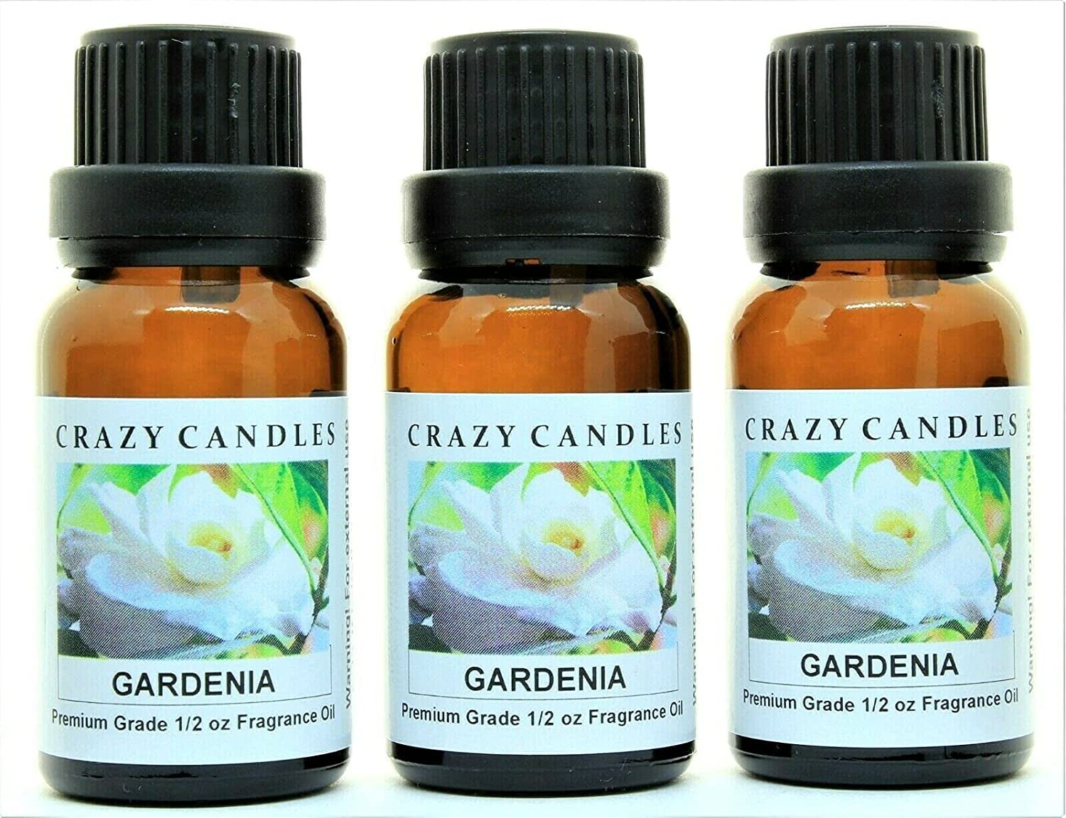 Crazy Candles Gardenia 3 Bottles 1/2 Fl Oz Each (15ml) Premium Grade Scented Fragrance Oil (Very Strong White Floral Aroma) Made in USA