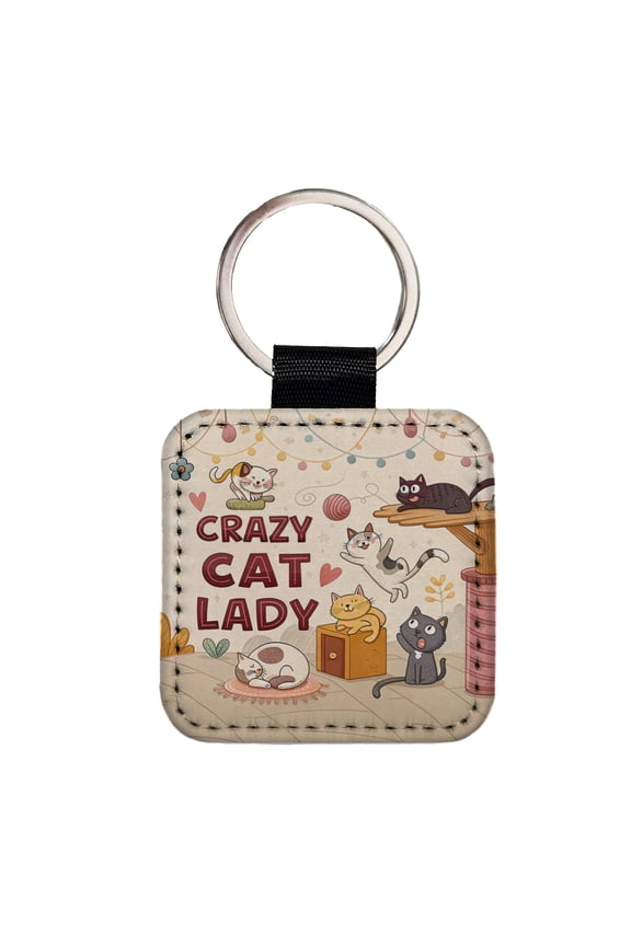 Crazy Cat Lady Funny Cartoon Faux Leather Square Keychain