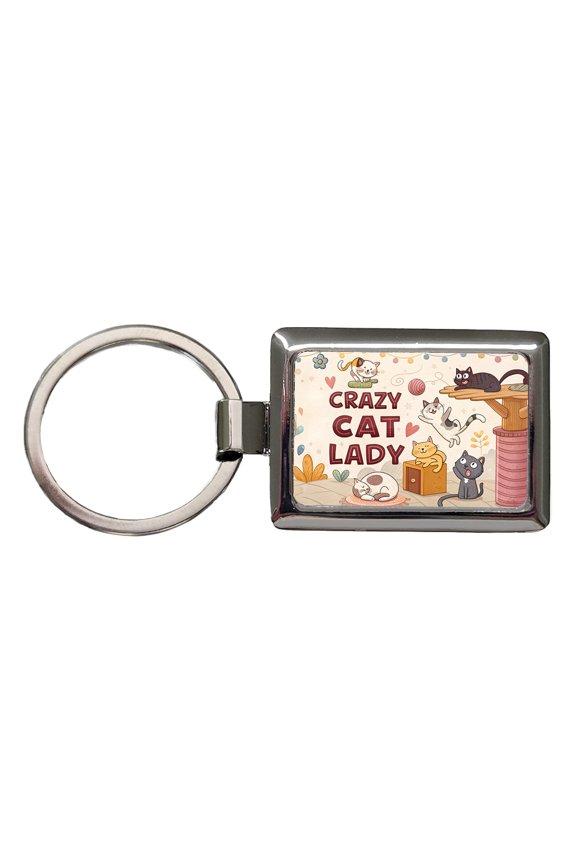 Crazy Cat Lady Funny Cartoon Metal Rectangle Keychain