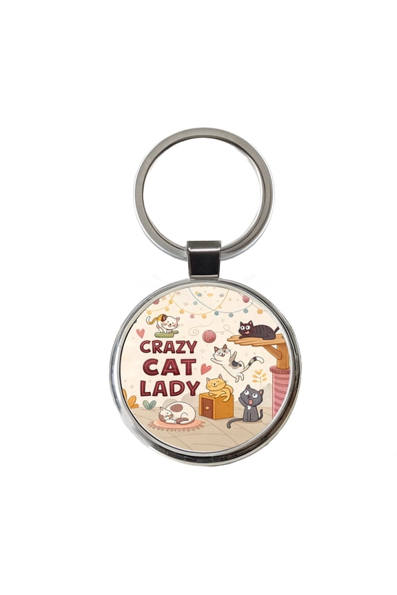 Crazy Cat Lady Funny Cartoon Metal Round Keychain