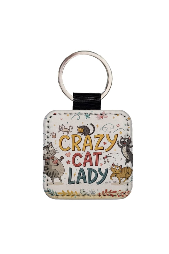 Crazy Cat Lady Funny Humorous Faux Leather Square Keychain