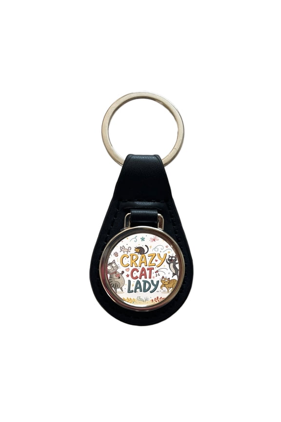 Crazy Cat Lady Funny Humorous Metal Black Leather Keychain