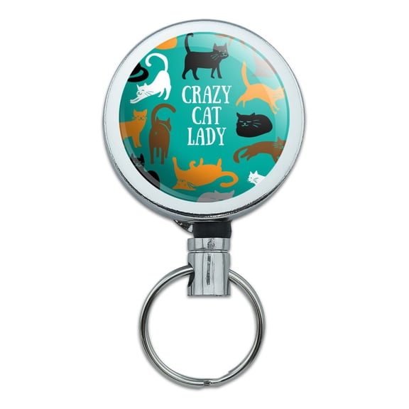 Crazy Cat Lady Teal Orange Black Brown Heavy Duty Metal Retractable Reel ID Badge Key Card Tag Holder with Belt Clip