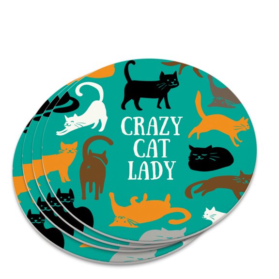 Crazy Cat Lady Teal Orange Black Brown Novelty Coaster Set
