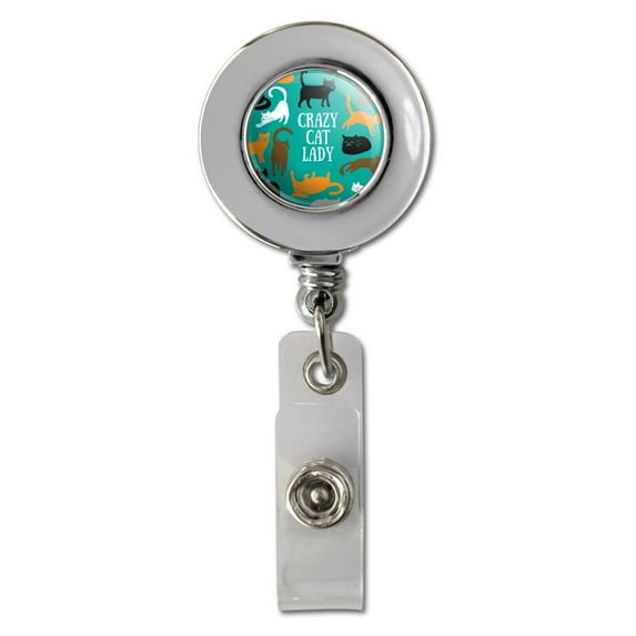 Crazy Cat Lady Teal Orange Black Brown Retractable Reel Chrome Badge ID Card Holder Clip