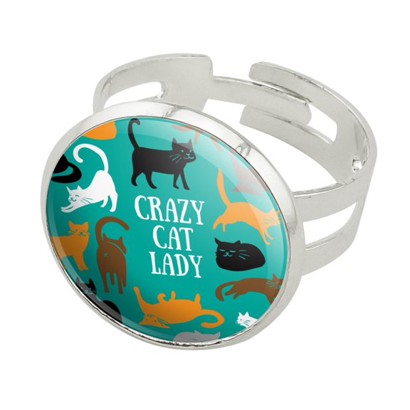Crazy Cat Lady Teal Orange Black Brown Silver Plated Adjustable Novelty Ring