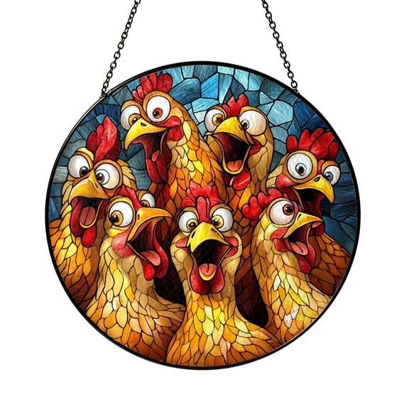 Crazy Chicken Glass Suncatcher Window Decor, Playful Farm Animal Art for Rustic Home Styling