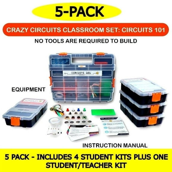 Brown Dog Gadgets Crazy Circuits 101 Classroom Set – 5-Pack, 27-Piece Electronics Learning Kits