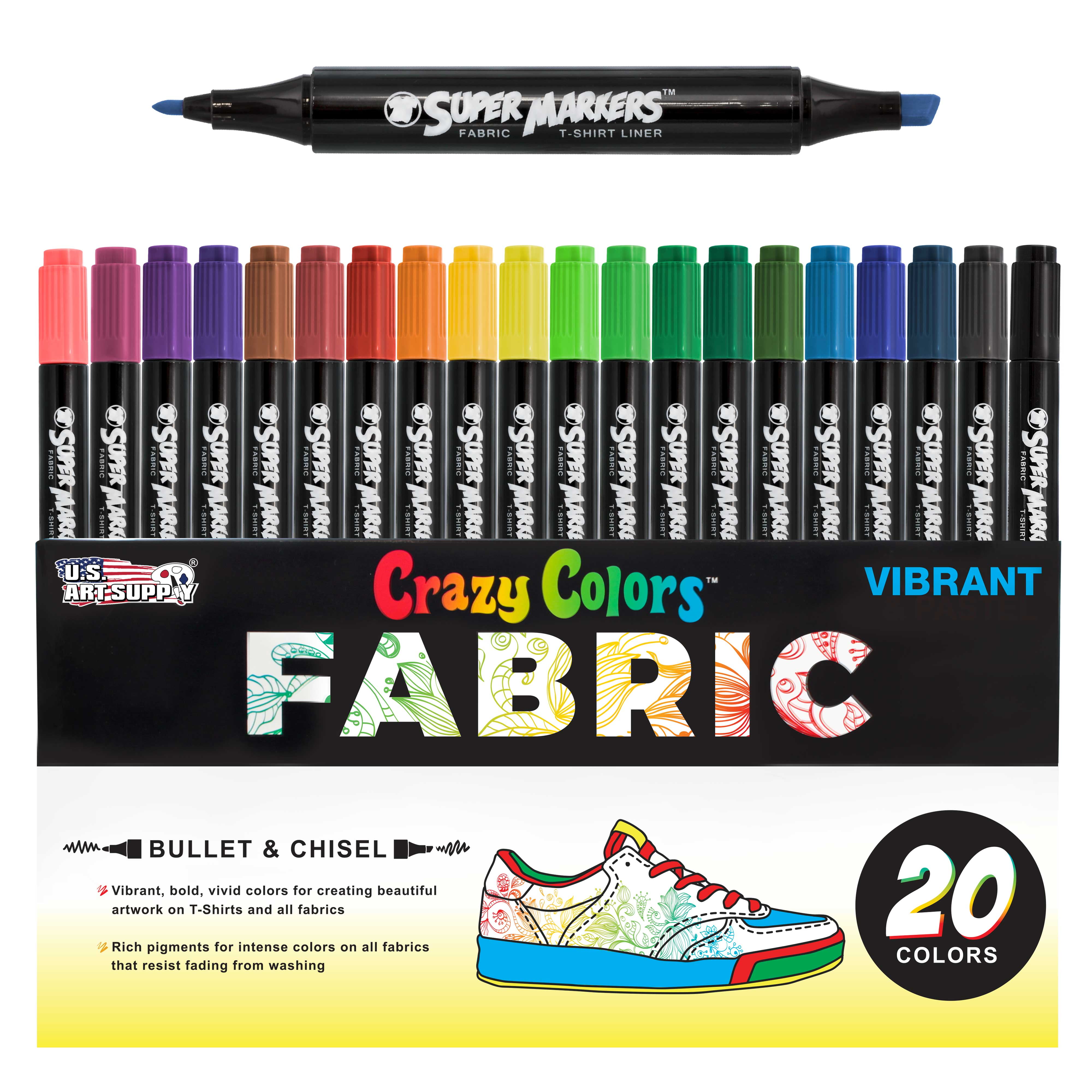 Crazy Colors Dual Tip Fabric & T-Shirt Marker 20 Color Set - Bullet &  Chisel Tips - Child Safe - Create Art on Clothing