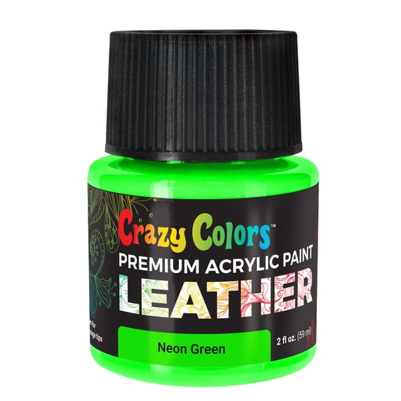 Crazy Colors Neon Green Premium Acrylic Leather and Shoe Paint, 2 oz Bottle - Flexible, Crack, Scratch, Peel Resistant - Artist Create Custom Sneakers, Jackets, Bags, Purses, Furniture Artwork