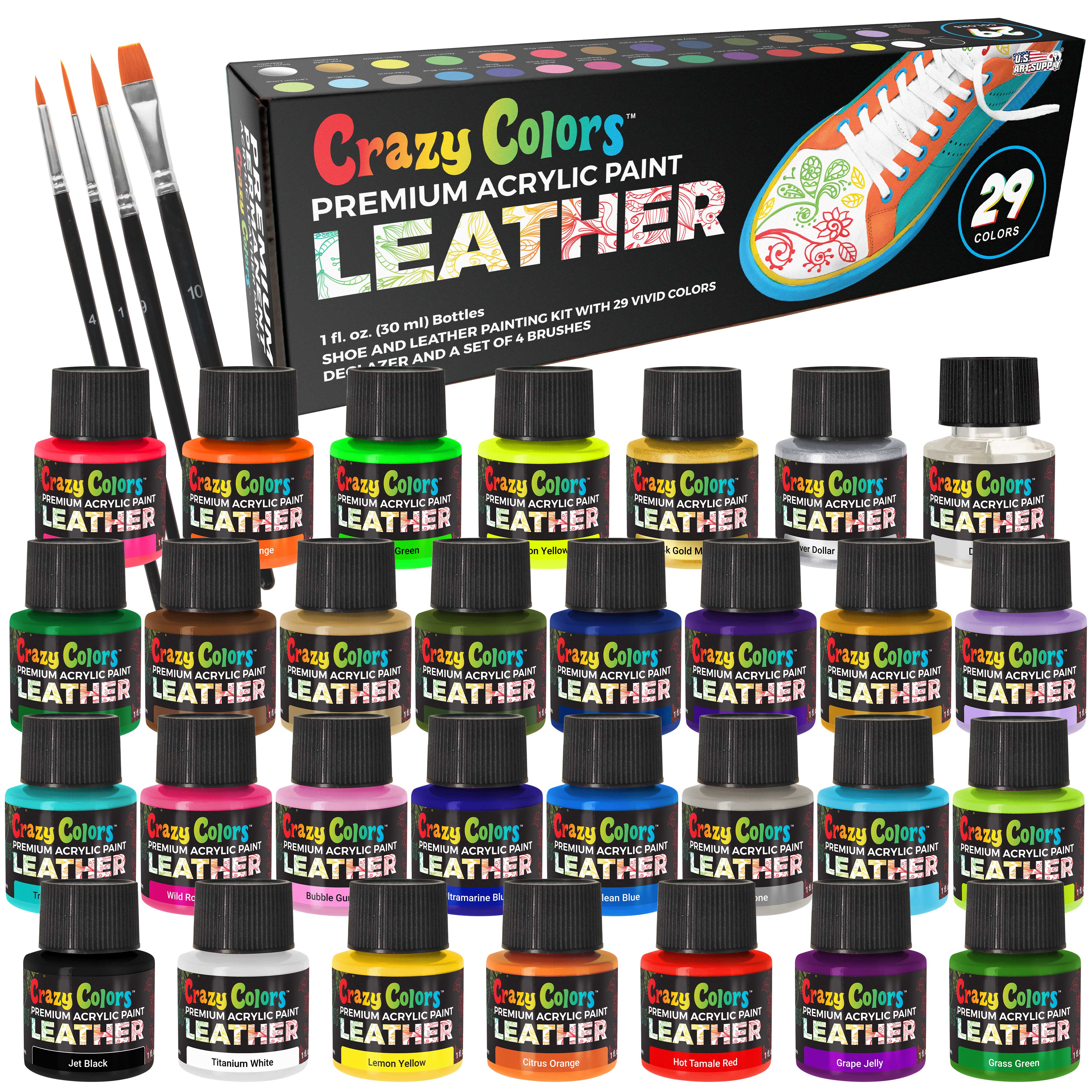 Crazy Colors Premium Acrylic Leather and Shoe Paint Kit, 29 Colors, Deglazer, 4-Piece Brush Set - 1 oz Bottles, Opaque, Metallic, Neon - Flexible, Scratch Resistant - Sneakers, Jackets, Bags Purses