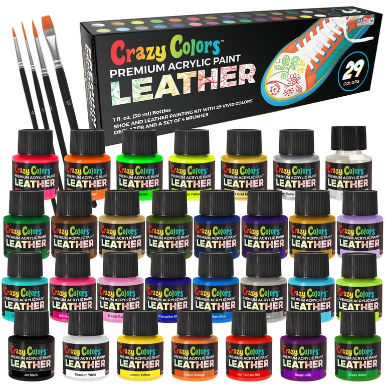 Crazy Colors Acrylic Leather/Shoe Paint Kit - 29 Colors, Deglazer