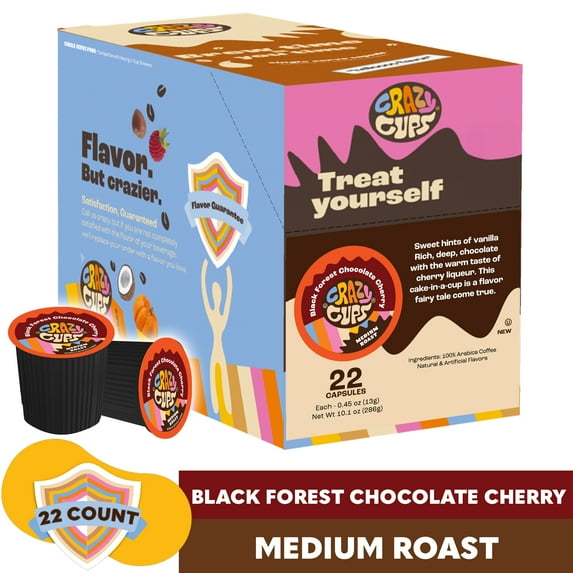 Crazy Cups Black Forest Chocolate Cherry Coffee Pods, Flavored Coffee Pods In Single Serve Cups Compatible With Keurig K Cups Machine, 22 Count