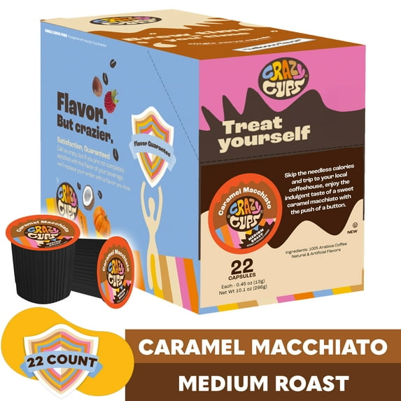 Crazy Cups, Caramel Macchiato coffee pods, Medium Roast, 22 Count For Keurig K Cup Machines