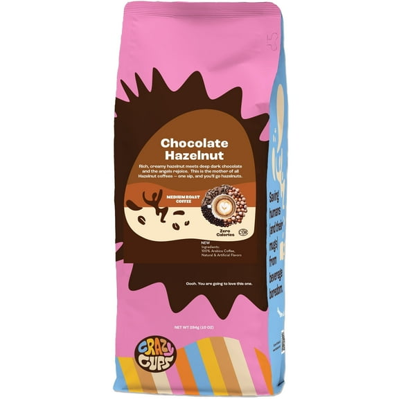 Crazy Cups Chocolate Hazelnut Ground Coffee, Medium Roast, 10 Ounce bag, For Brewing Flavored Hot or Iced Coffee