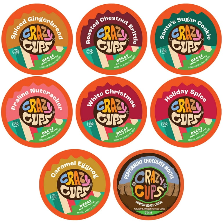 Crazy Cups Christmas Decaf Coffee Pods Variety Pack Holiday Coffee Sampler of Single Serve Assorted Flavored Decaf Coffee Pods For Keurig K Cup