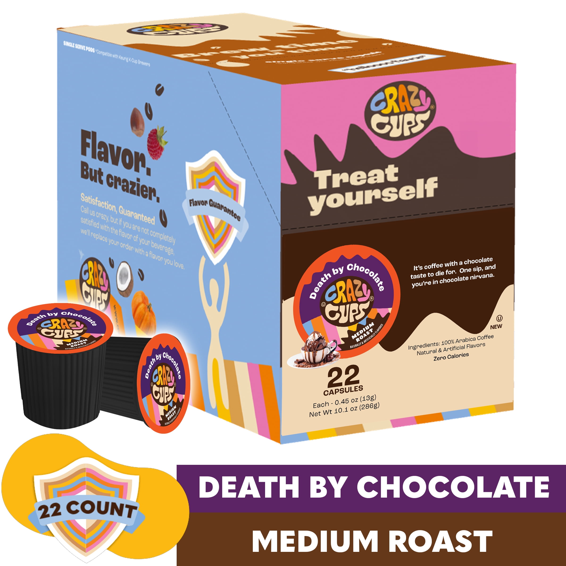Crazy Cups Death by Chocolate Coffee Pods, Medium Roast, 22 Count for Keurig K- Cup Machines