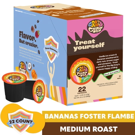 Crazy Cups Decaf Bananas Foster Flambé Coffee Pods, Medium Roast, 22 Count For Keurig K Cup Machines
