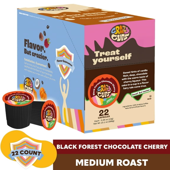 Crazy Cups Decaf Black Forest Chocolate Cherry Coffee Pods, Decaf Flavored Coffee Pods In Single Serve Cups Compatible With Keurig K Cups Machine, 22 Count