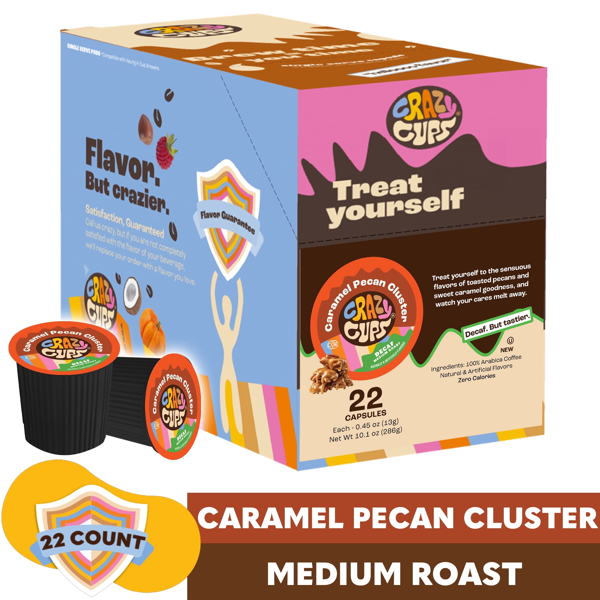 Crazy Cups Decaf Caramel Pecan Cluster Medium Roast Coffee, for Keurig K Cups Brewers, 22 Count