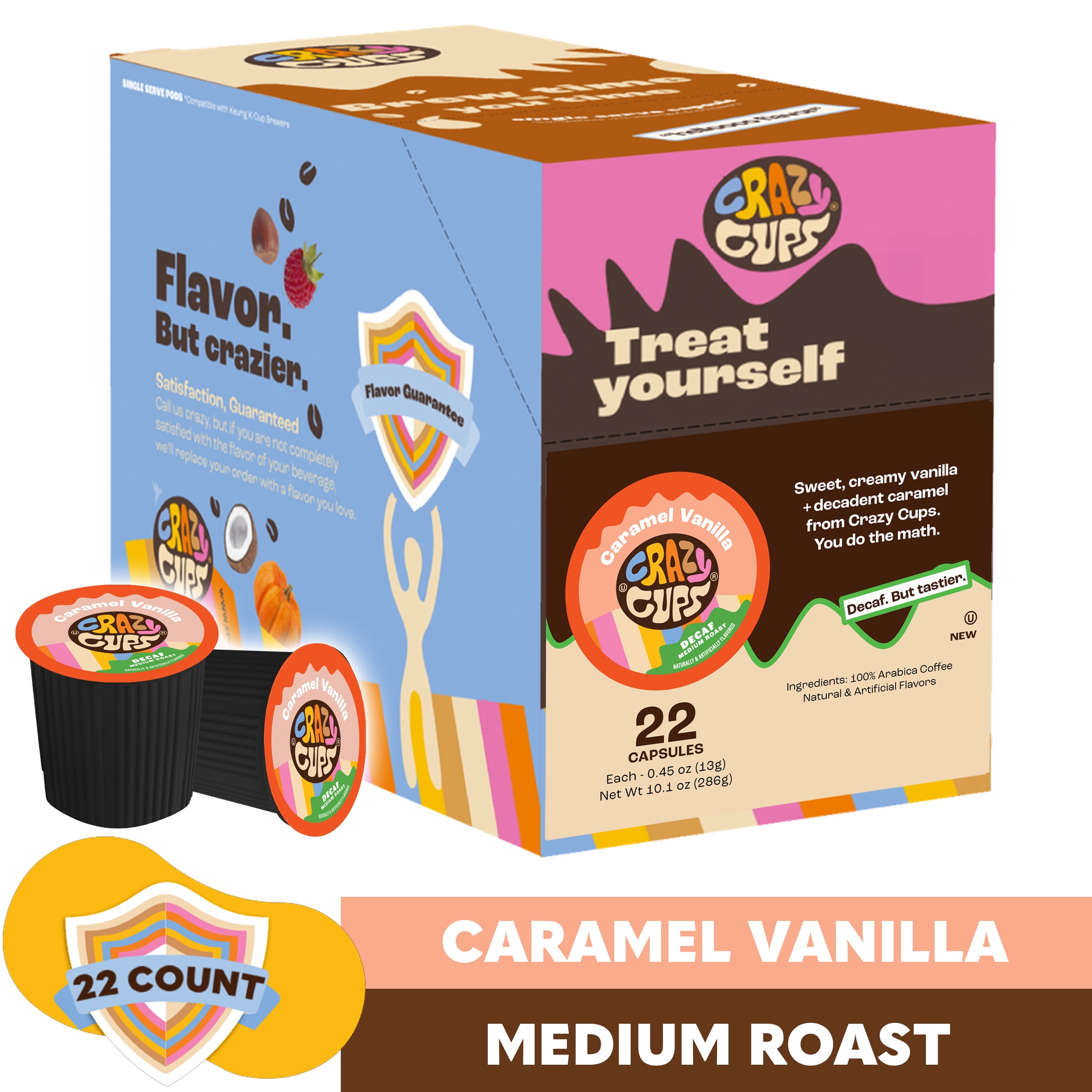 Crazy Cups Decaf Caramel Vanilla Coffee Pods, Medium Roast, 22Count for Keurig K-Cups Machines