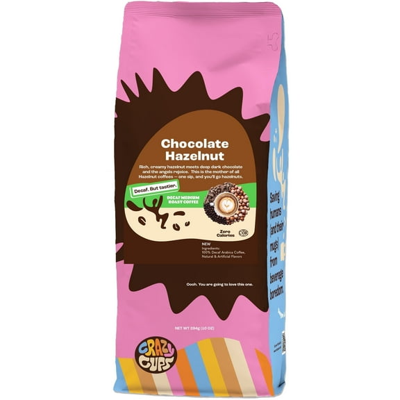 Crazy Cups Decaf Chocolate Hazelnut Ground Coffee, Medium Roast, 10 Ounce bag, For Brewing Flavored Hot or Iced Coffee