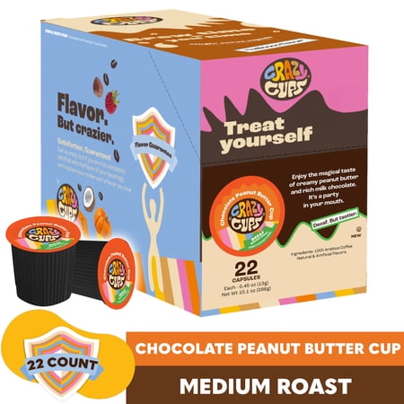 Crazy Cups Decaf Chocolate Peanut Butter Cup Coffee Pods, Medium Roast, 22 Count for Keurig K-Cup Machines