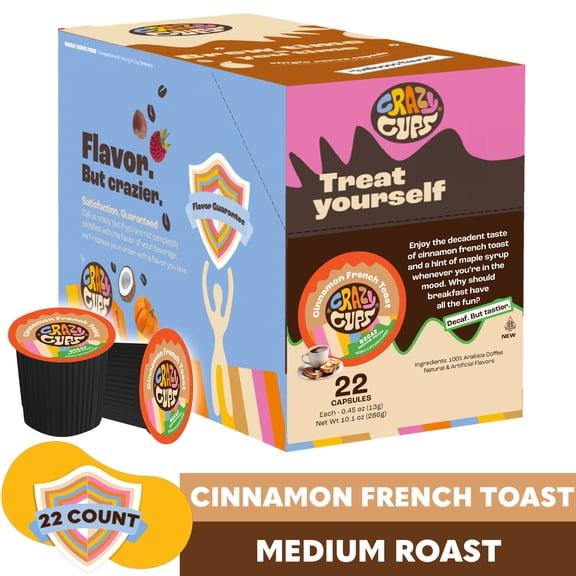 Crazy Cups Decaf Cinnamon French Toast Coffee pods, Medium Roast, 22 Count for Keurig K Cups Brewers