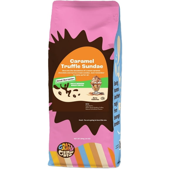 Crazy Cups Decaf Flavored Ground Coffee, Decaffeinated Caramel Truffle Sundae, for Brewing Flavored Hot or Iced Coffee, Medium Roast, 10oz