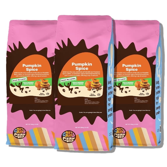 Crazy Cups Decaf Flavored Ground Coffee, Decaffeinated Pumpkin Spice Coffee, For Brewing Flavored Hot or Iced Decaf Coffee, 10oz (3pk)