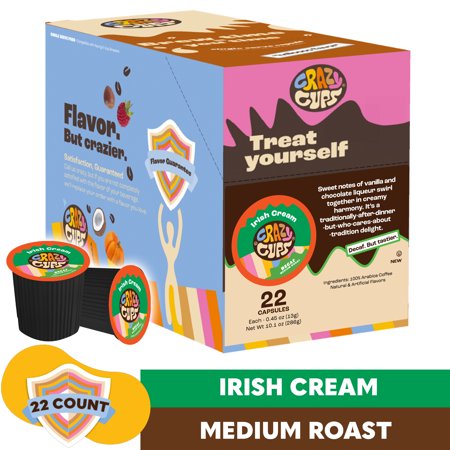 Crazy Cups Decaf Irish Cream Coffee Pods, Decaf Flavored Coffee Pods In Single Serve Cups Compatible With Keurig K Cups Machine, 22