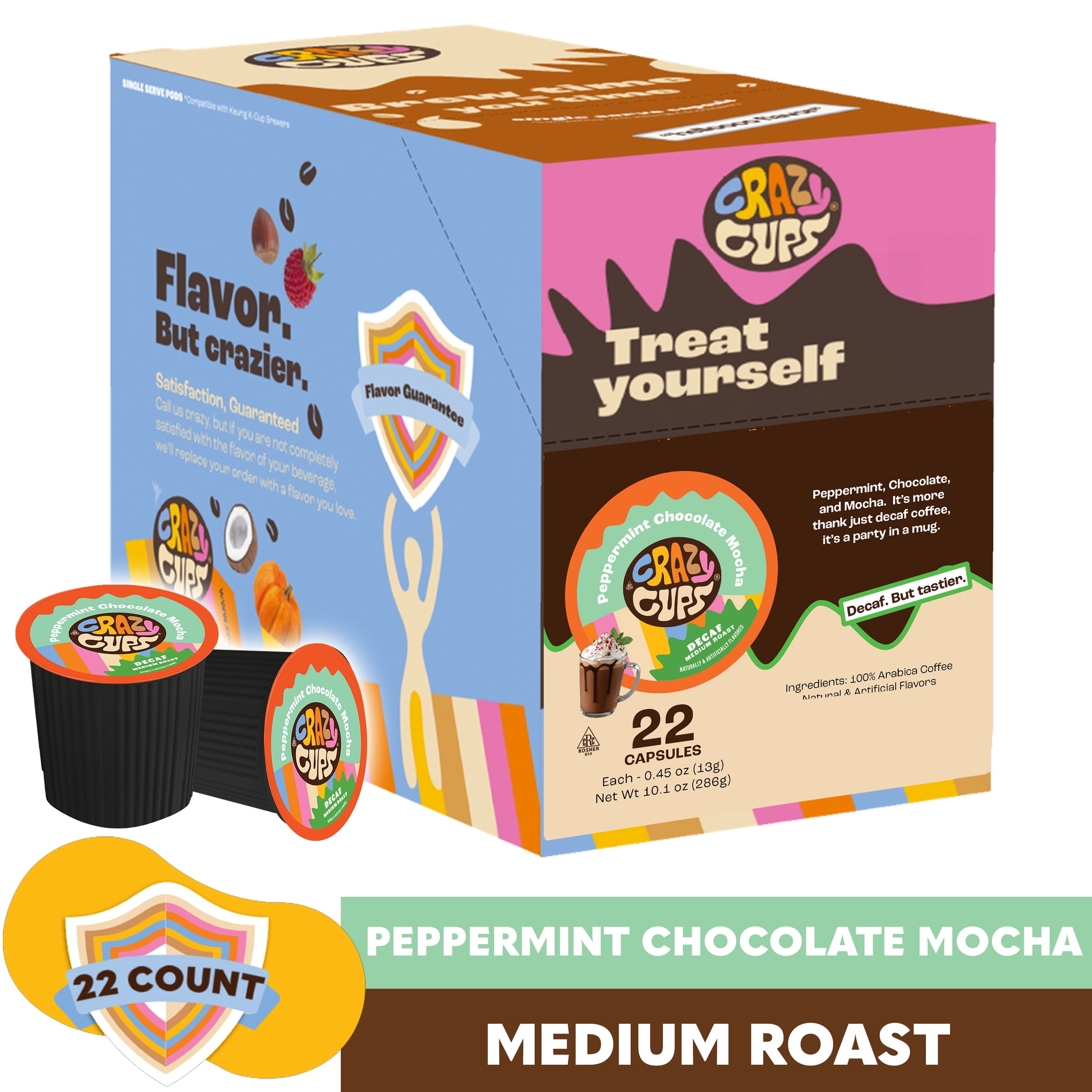 Crazy Cups Decaf Peppermint Chocolate Mocha Flavored Coffee pods, Single-Serve Medium Roast Coffee Cups for Keurig K-Cup Machines, Hot or Iced, 22 Count