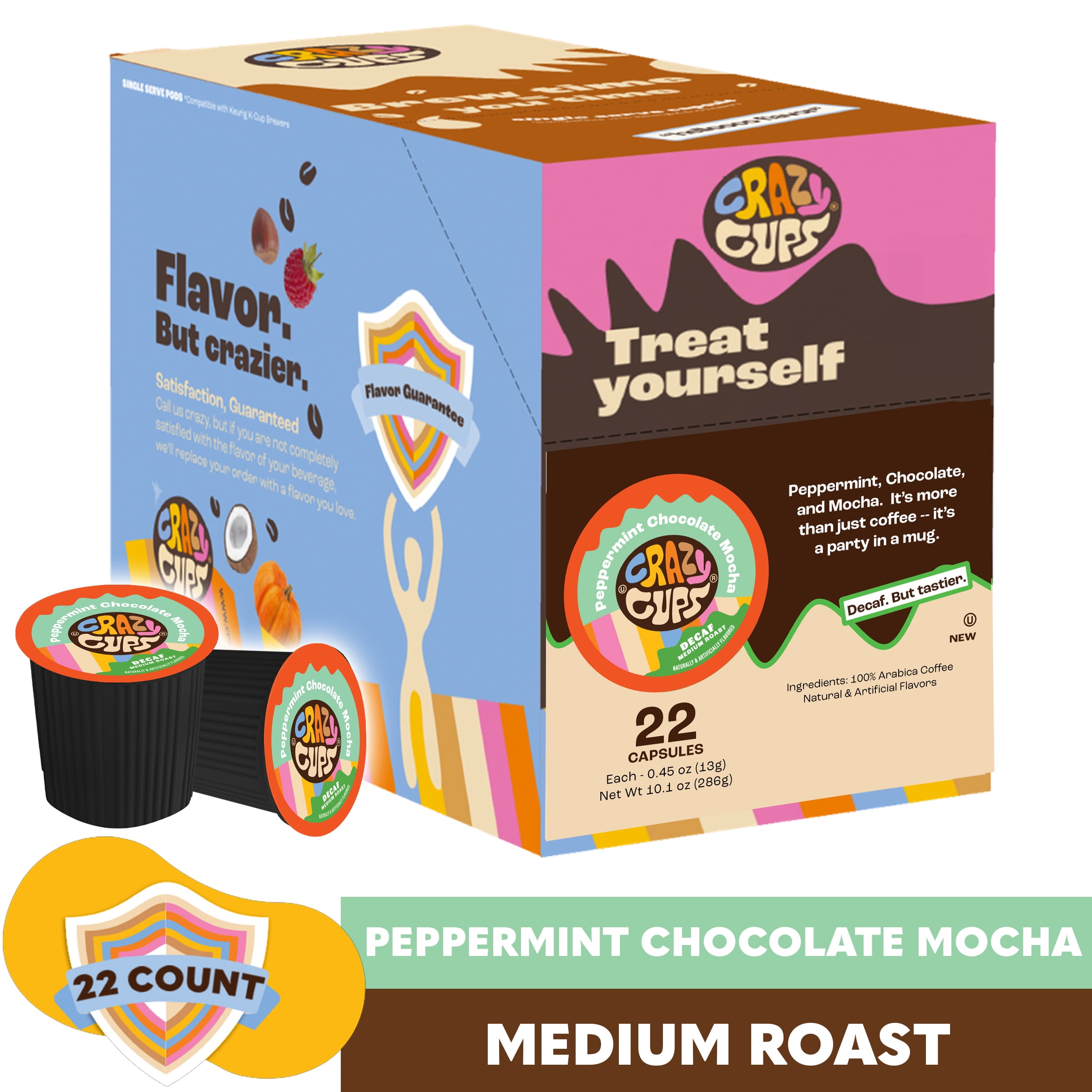 Crazy Cups Decaf Peppermint Chocolate Mocha Flavored Coffee pods, Single-Serve Medium Roast Coffee Cups for Keurig K-Cup Machines, Hot or Iced, 22 Count