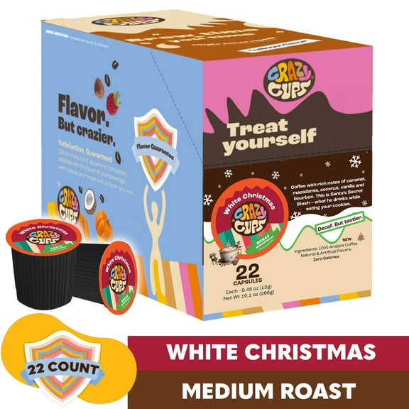 Crazy Cups Decaf White Christmas Flavored Coffee Pods, Decaf Holiday Coffee, Single Serve Coffee for Keurig K Cups Machines, Medium Roast Coffee, 22 Count