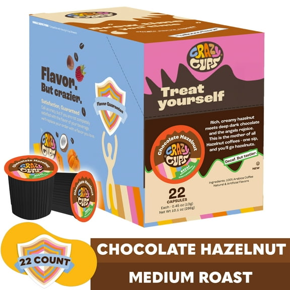 Crazy Cups Flavored Decaf Chocolate Hazelnut Coffee for Keurig K Cups Machines, Hot or Iced, Medium Roast in Recyclable Pods, 22 Count