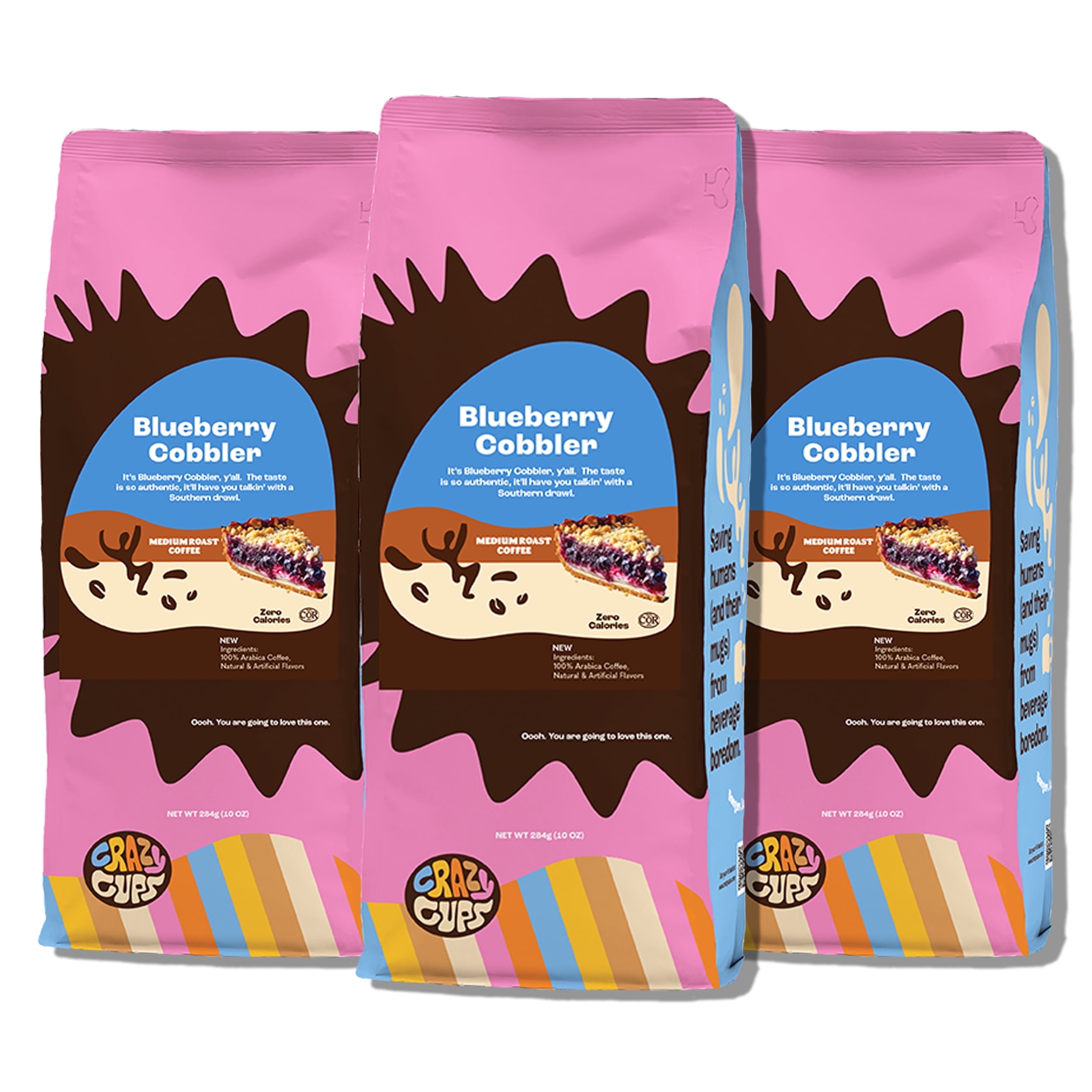 Crazy Cups Flavored Ground Blueberry Coffee, Blueberry Cobbler Coffee in 10 oz Bag, For Brewing Flavored Hot or Iced Coffee, 3 Pack