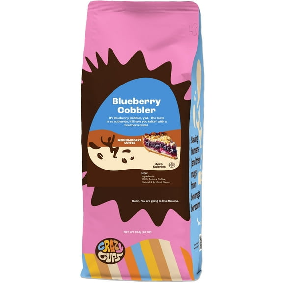 Crazy Cups Flavored Ground Blueberry Coffee, Blueberry Cobbler Coffee in 10 oz Bag, For Brewing Flavored Hot or Iced Coffee
